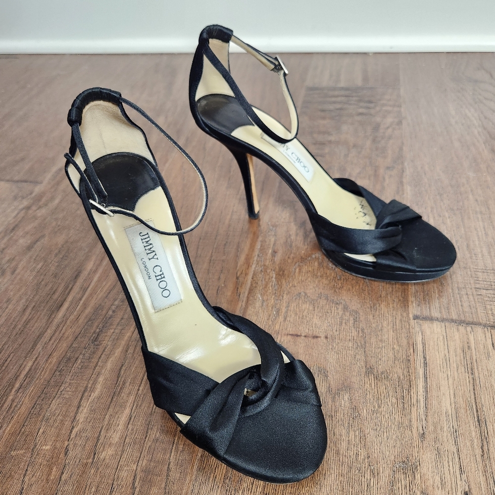 JIMMY CHOO black satin ankle strap heels